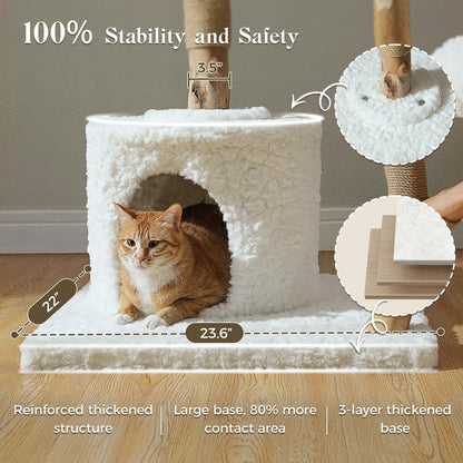59" Modern Cat Tree Tower for Large Cats w/2 Flower Perches-Natural Solid Wood Scratching Post with Real Branch-Luxury Boho Cat Furniture w/Condo & Wicker Basket Bed, Cloud White