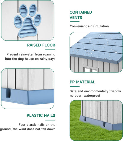 Vixzen 32in Large Outdoor Dog House,Durable Water Resistant Resin Dog House,Doghouse for Small to Large Dogs Indoor or Outside,with Air Vent and Elevated Floor,Blue