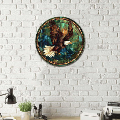 Lygond Metal Sign Tin Sign Circular Stained Glass American Bald Eagle Garden Sign for Restaurant 12×12 Inches