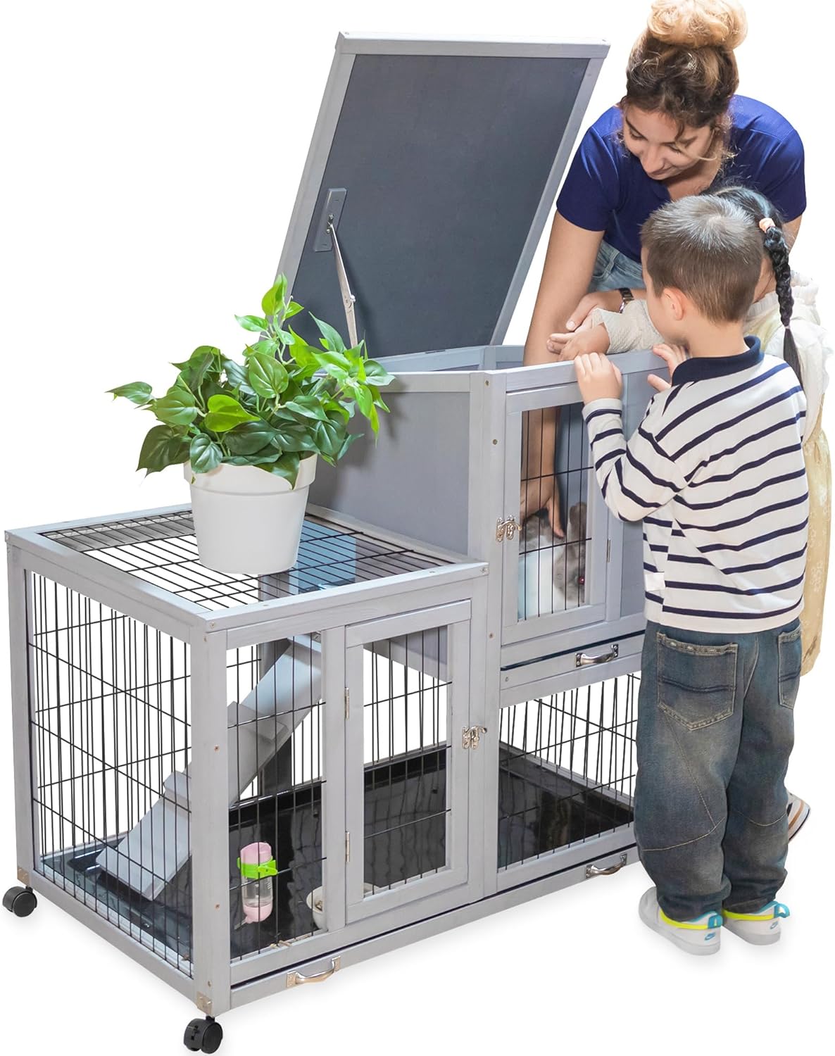 Rabbit Hutch Indoor Outdoor Bunny Cage 39" L Large 2-Story Wooden Small Animal House Enclosure with Wheels, 2 Removable Trays, Waterproof Openable Roof, Grey