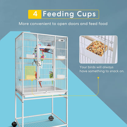 VIVOHOME 54 Inch Wrought Iron Large Bird Flight Cage with Rolling Stand for Parakeets Canaries Cockatiels Lovebirds Conures, White