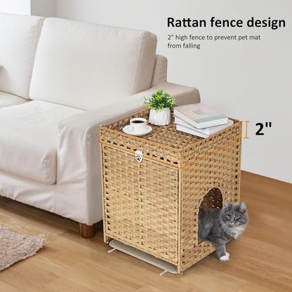 Cat Litter Box Enclosure with Soft Litter Mat; Hidden Cat Washroom Furniture with Door; Handwoven Rattan Cat House; Pet Crate for Living Room, Bedroom, Balcony (Natural)
