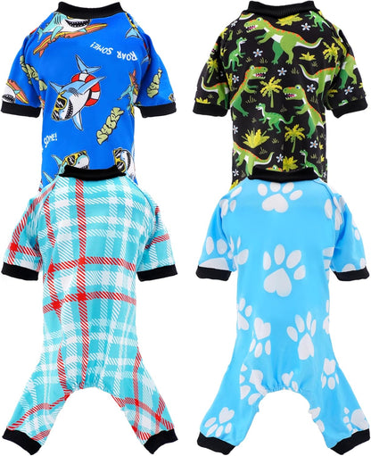 PET SHOW 4 Pack Dog Pajamas Dinosaur Shark for Small Medium Dogs Boy Soft Stretchy PJs Plaid Jumpsuit Dog Paw Onesies Outfits with Sleeve Pets Breathable Summer Clothes Costume XL