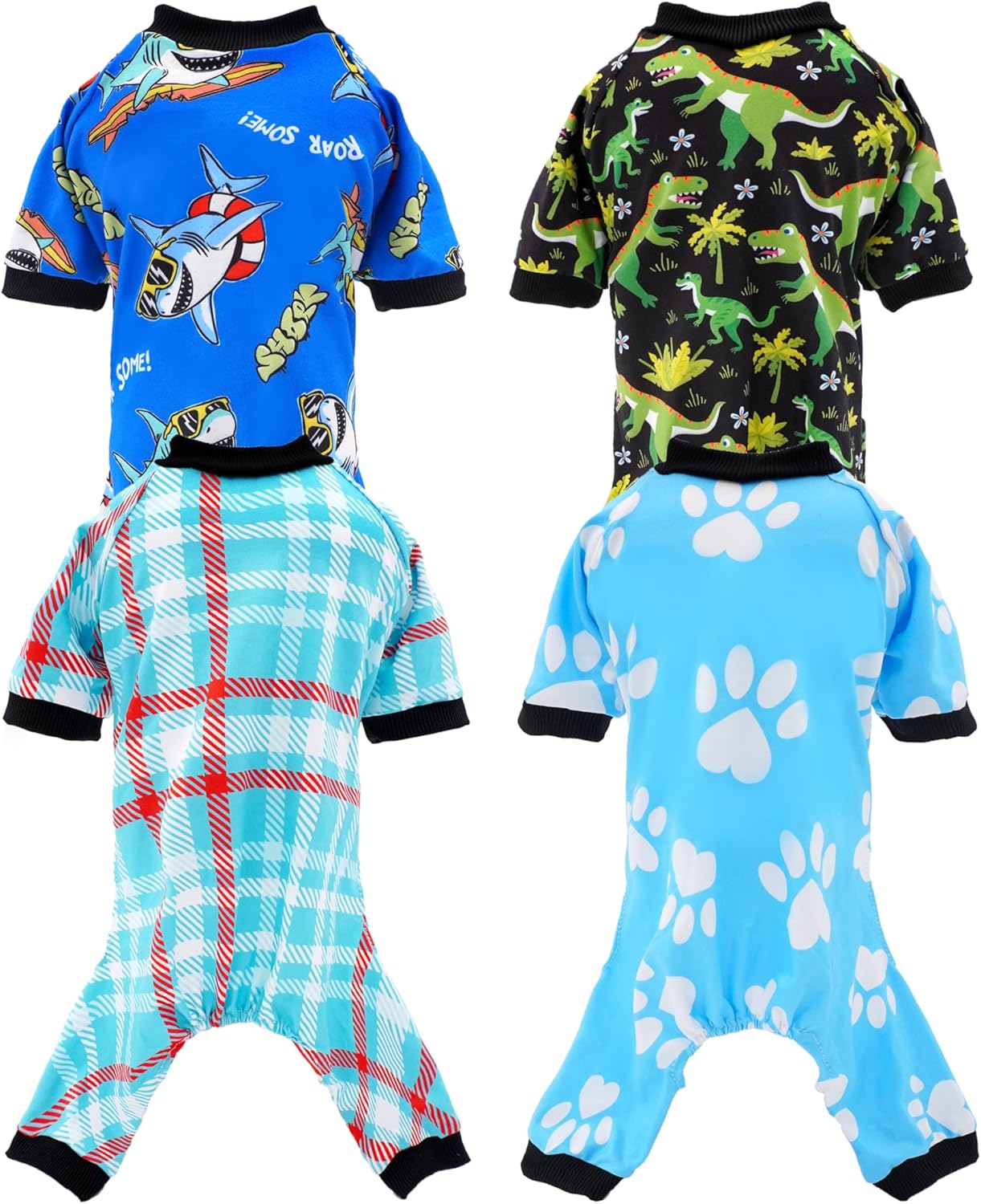 PET SHOW 4 Pack Small Dog Pajamas for Medium Dogs Boy Dinosaur Shark Soft Stretchy PJs Plaid Jumpsuit Puppy Cats Paw Onesies Outfits with Sleeve Pets Breathable Summer Clothes Costume L