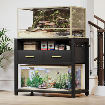 40-50 Gallon Fish Tank Stand with Power Outlet & 2 Storage Drawers, Heavy Duty Metal Frame Aquarium Stand with Waterproof Mat, 36.6" L*19.1" W Tabletop, 800LBS Capacity, Black