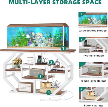 YITAHOME Heavy Duty 55-75 Gallon Fish Tank Stand with Power Outlet, Marble Aquarium Stand for Fish, Turtle, Reptile Terrarium, Shelves for Fish Tank Accessories Storage, 860LBS Capacity, White & Walnut