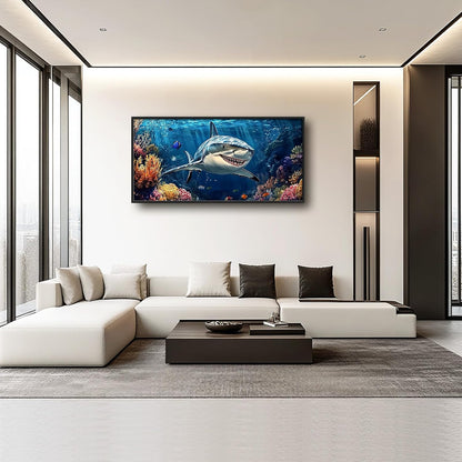 Large Ocean Shark Wall Art for Living Room, Framed Oversized Shark Fish Wall Decor Underwater Marine Life Canvas Painting Modern Artwork for Living Room Bathroom Bedroom Office Dining Room 60"x30"