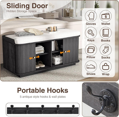 Dark Grey 39.4" W 2-Tier Shoe Bench with Storage | Entryway Bench with Padded Cushion, Sliding Doors & 5 Hooks