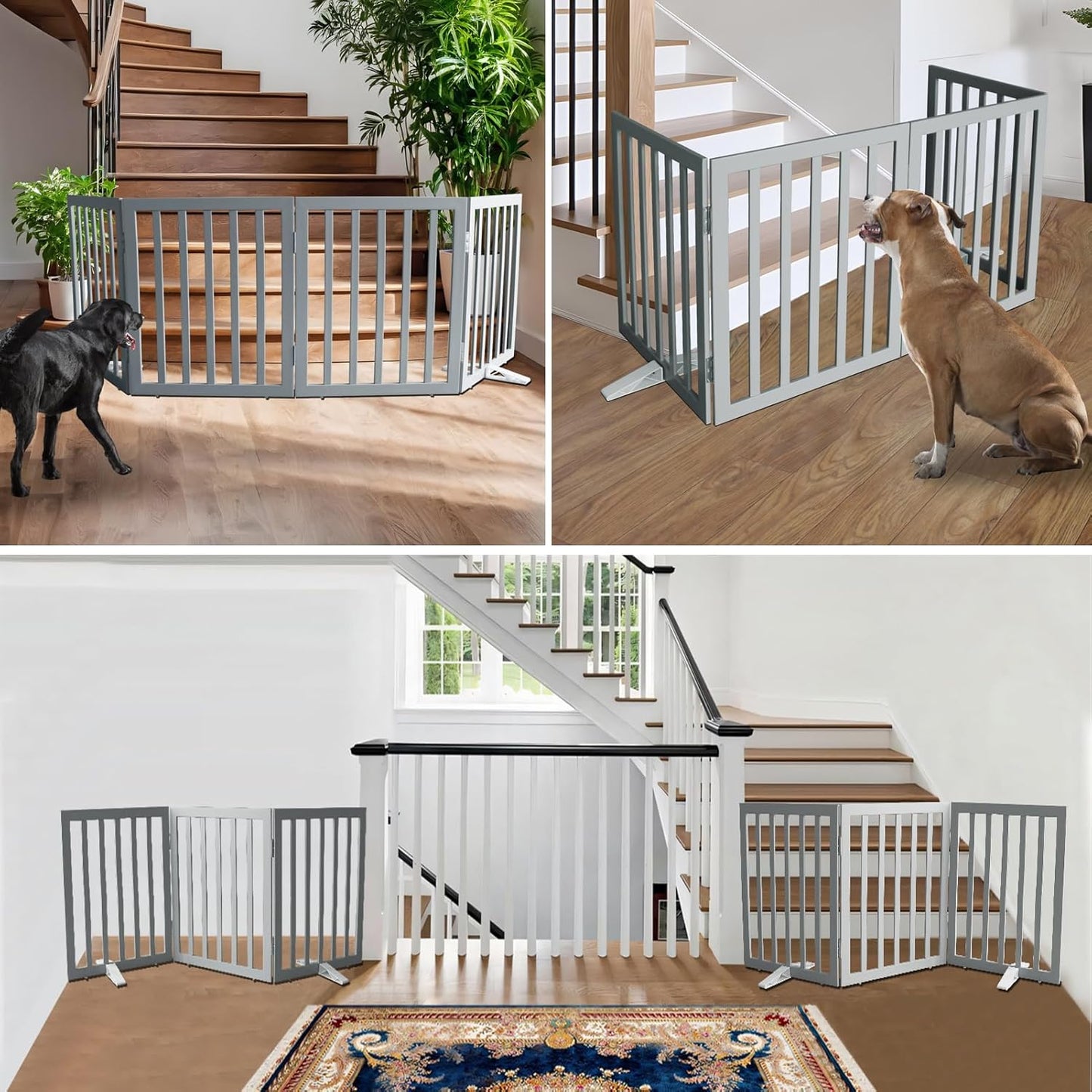 ZJSF Freestanding Indoor Dog Gate for House Foldable Wood Puppy Gate for Doorways Pet Gate for Stairs Extra Wide Pet Fence, Grey, 24" Height 3 Panels