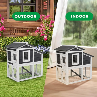 2 Story Rabbit Cage, Weatherproof Rabbit Hutch Indoor & Outdoor, Wooden Guinea Pig Cages with Removable Tray Openable Roof for Small to Medium Animals