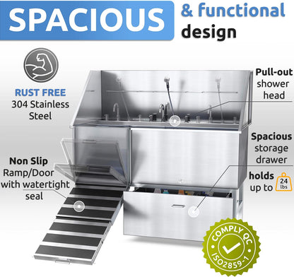 KANIS Professional Dog Washing Station - 304 Stainless Steel Pet Wash Sink & Grooming Bath Tub for Home with Ramp, Shower, Floor Grate, Storage Drawer, Faucet, Drain Kit for Large, Medium & Small Pets