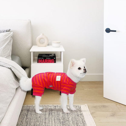 TONY HOBY Dog Pajamas, Female/Male Dog 4 Legged Pajamas, Soft Cotton Dogs Jumpsuit with Stripes (Rose Red&Orange, Girl, XS)