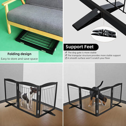 ZJSF Freestanding Dog Fence Indoor, Foldable Dog Gate for Doorways, Stairs or Hallways, Sturdy Wood Extra Wide Pet Gate with Support Feet for The House, Black, 24 "Height-3 Panels