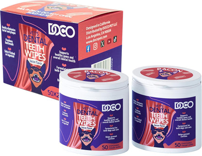 DOCO Dog Teeth Cleaning Wipes Dental Finger Wipes for Cats & Dogs Remove Plaque & Tartar, Freshen Breath, No Rinse, Easy & Effective Pet Tooth Cleaning Kit for Oral Care, Bacon Flavor, 100 Count