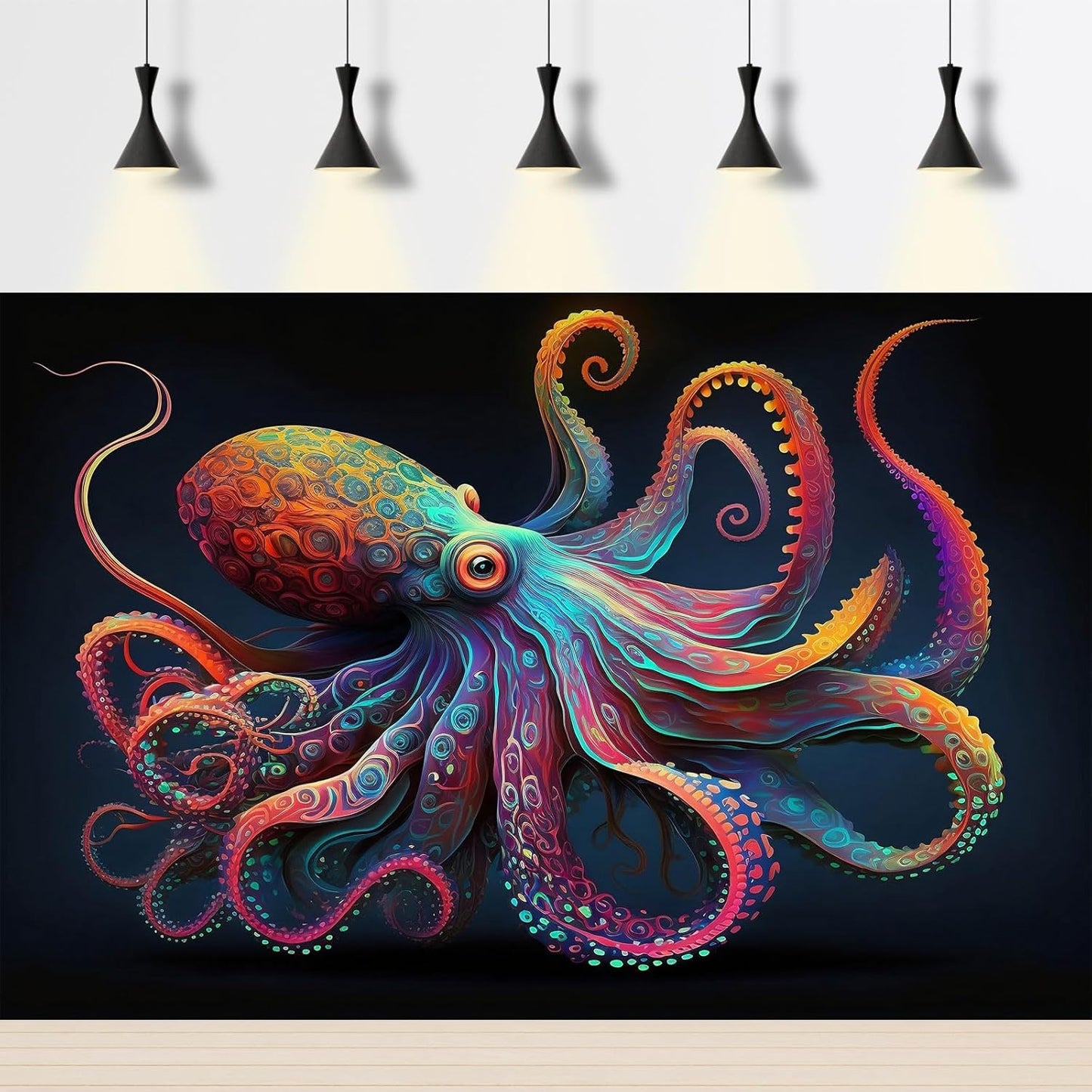 Exquisite Octopus Aquarium Background Abstract Colorful Octopus Terrarium Background Glowing Octopus on Black Background Fish Tank Backdrop Octopus Backdrops Poster Wallpaper Decors Vinyl 72x24in