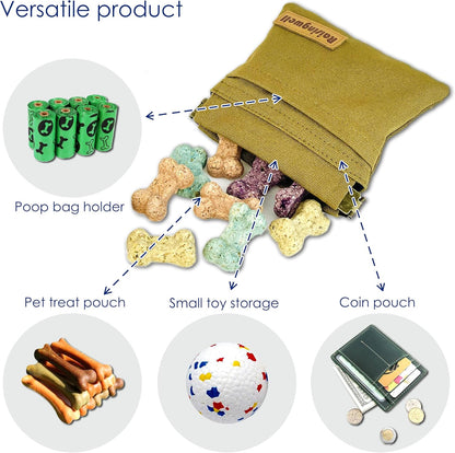 Dog Treat Pouch, Brown Pocket Sized Pet Training Pouch, Cotton Fabric, Hand Free Dog Walking Bag with Carabiner, Self-Closing Pet Feed Snack Reward, for Puppy Travel or Outdoor Use