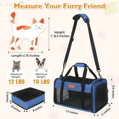 PETUX TSA Approved Pet Carrier in Cabin, 17"x11"x9.5" Soft Cat Carriers for Small Cats up to 12 lb, Top-Open Portable Dog Carrier with Litter Box and Anti-Scratch Mesh for Puppy up to 10 lb (Blue)