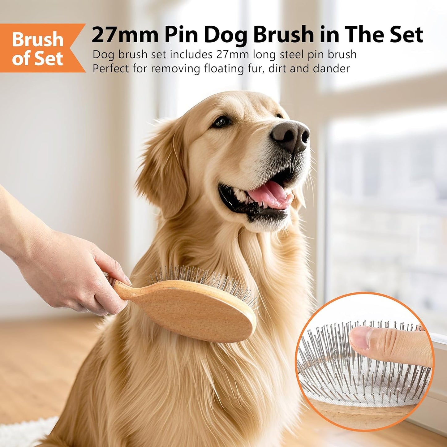 Dog Brush for Long Haired Dogs, 27mm Extra Long Metal Pin Dog Deshedding Brush and Comb Set, Short Haired Shedding Grooming Detail Pets Brush Set with Rubber Handle