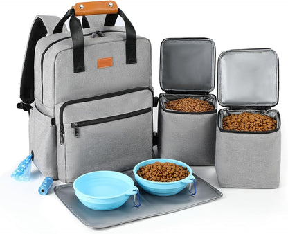Dog Travel Bag, 25L Airline Approved Dog Travel Backpack for Pet Travel Accessories with 2 Food Storage Containers, 2 Foldable Bowls for Short Trips, Grey