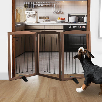 ZJSF Freestanding Dog Fence Indoor, Foldable Dog Gate for Doorways, Stairs or Hallways, Sturdy Wood Extra Wide Pet Gate with Support Feet for The House, Brown, 32 "Height-3 Panels