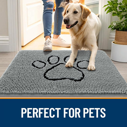 OLANLY Door Mat for Muddy Dog Paws 44x24, Ultra Absorbent Chenille Mud Doormat with Paw Print Design, Non-Slip Washable Doormat for Indoor Entryway, Quick-Dry Pet Bed Mats for Dirty Dogs, Grey