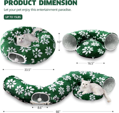 Cat Tunnel for Indoor Cats, Cute Peekaboo Cat Cave with Dangling Balls, Pet Donut Tunnel Bed with Circle Mat for Puppy Kitten Rabbit, Green Flower