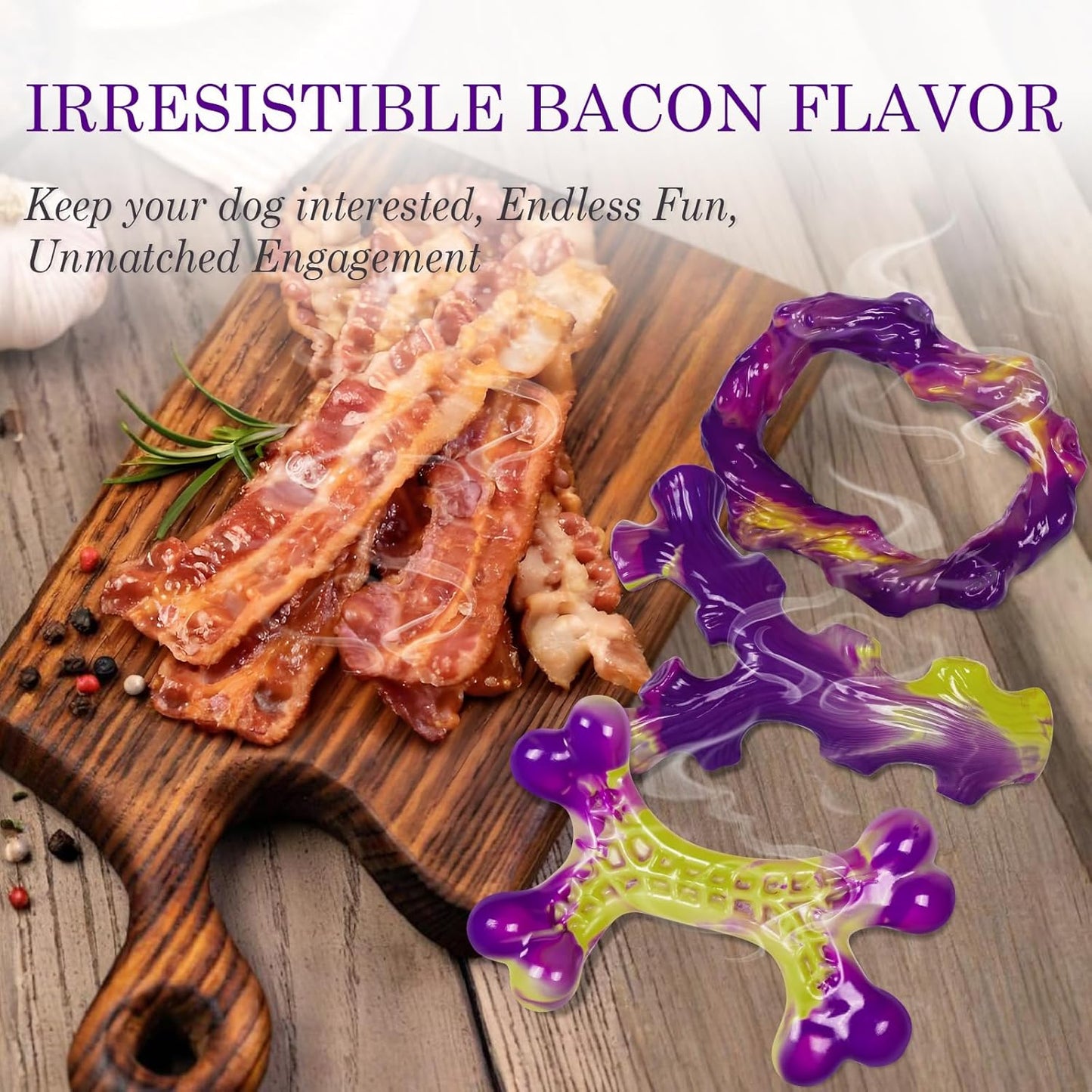 Tough Dog Toys for Aggressive Chewers 3 Pack, Indestructible Dog Toy for Large Dogs, Bacon Flavored, Keeps Dogs Busy