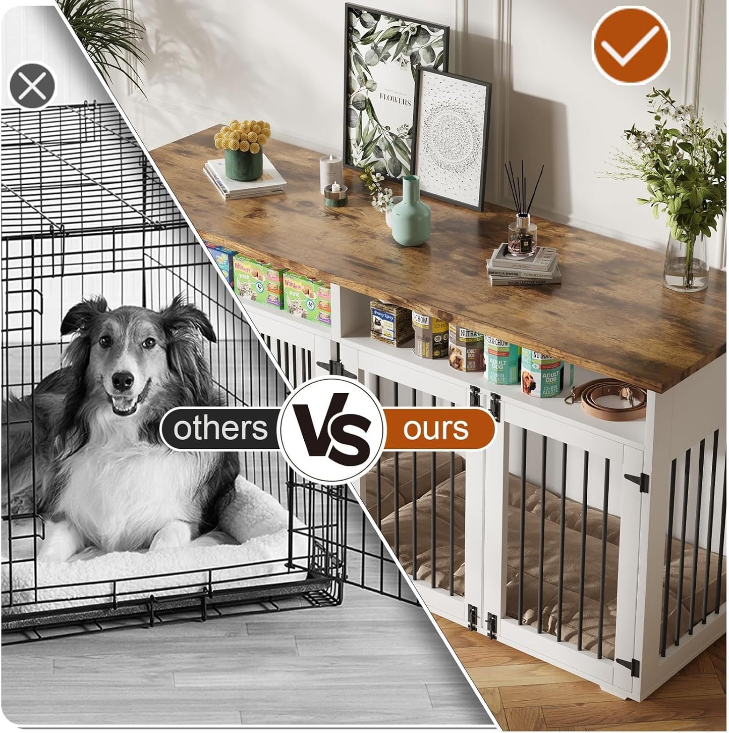 63'' Dog Crate Furniture for 2 Dogs, Wooden Dog Cage with Storage Compartment, Indoor Dog Kennel with 4 Doors for Large/Medium Dogs, White