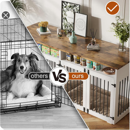 72'' Dog Crate Furniture for 2 Dogs, Wooden Dog Cage with Storage Compartment, Indoor Dog Kennel with 4 Doors for Large/Medium Dogs, White