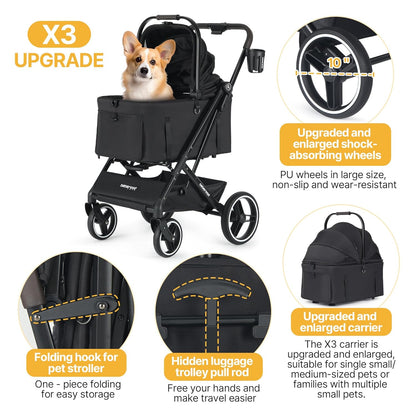 X3 2 in 1 Pet Stroller for Medium or Two Small Dogs & Cats 4 Wheels Lightweight Foldable Carrier Dog Stroller with Waterproof Weather Cover Cup Holder,Storage Basket(Black)