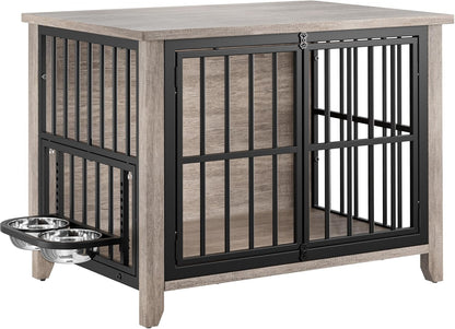 Lulive Dog Crate Furniture, Wooden Dog Kennel Indoor with Adjustable 360°& Height Dog Bowls, Double Doors Furniture Dog Crates End Table for Small/Medium 31.5" L*22.5" W*25.6" H, Grey