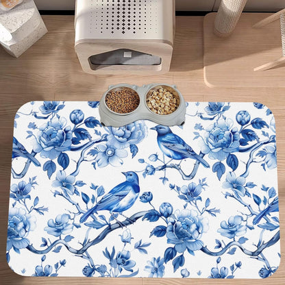 Chinoiserie Floral Birds Dog Food Mat Absorbent Bowl Mats No Stains Quick Dry Waterproof Pet Cat Placemats for Food and Water, 30x45cm