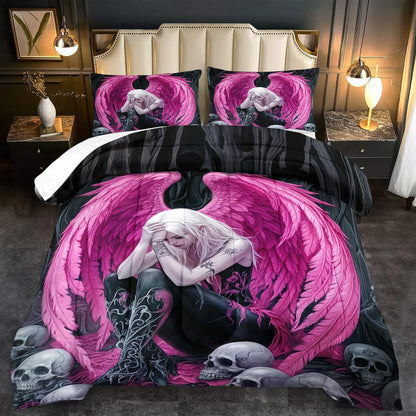 Gothic Skull Comforter Set Queen for Adults,Angel Wings Bedding Set Pink for Girls,Sexy Angel Comforter Bedroom Decor Teen,Gothic Skull Bedding Decor Pink Wings Quilt