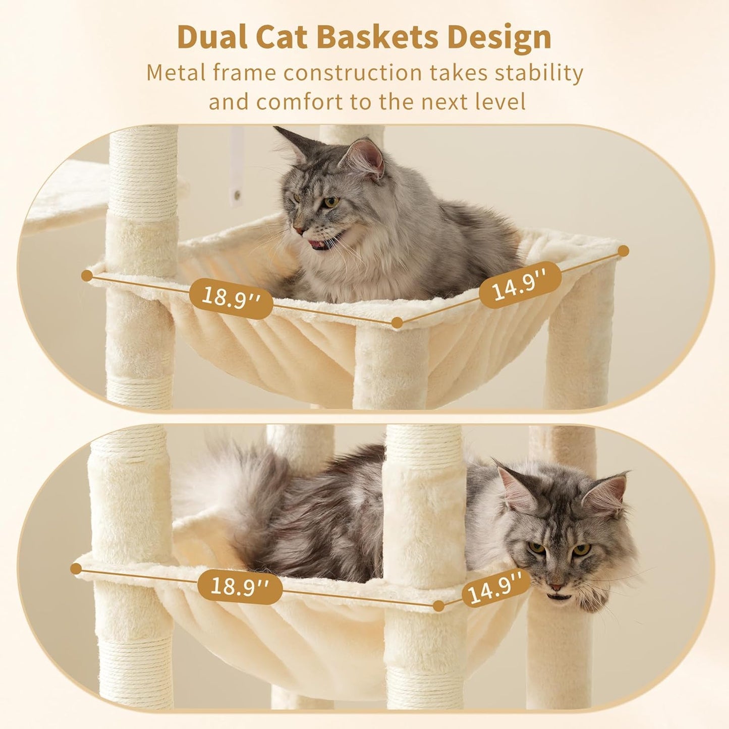 Heybly Heavy Duty Cat Tree, 71-Inch Tall Tower for Large Maine Coon with Extra-Large Baseboard, Cat Condo Furniture with Multi-Level Platforms, 2 Hammocks and 12 Scratching Posts, Beige HCT037M