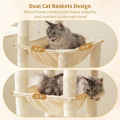 Heybly Heavy Duty Cat Tree, 71-Inch Tall Tower for Large Maine Coon with Extra-Large Baseboard, Cat Condo Furniture with Multi-Level Platforms, 2 Hammocks and 12 Scratching Posts, Beige HCT037M