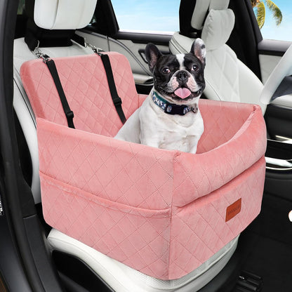 Dog Car Seat for Small Medium Dogs, Memory Foam Puppy Dog Booster Seat with Thick Cushion for Dogs Under 35lbs, Detachable Washable Pet Car Seat Travel Bed with Storage Pockets,2 Safety Belts