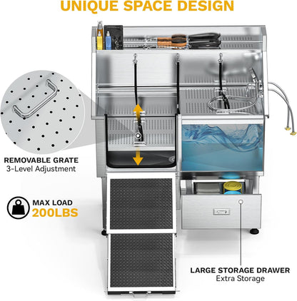 DWVO Professional Dog Bathing Station Stainless Steel 304 Pet Bathtub, 50in Dog Grooming Tub w/Right Door Ramp, 2 Storage Drawers, Grate, Pet Washing Station for Large, Medium, Small Pets