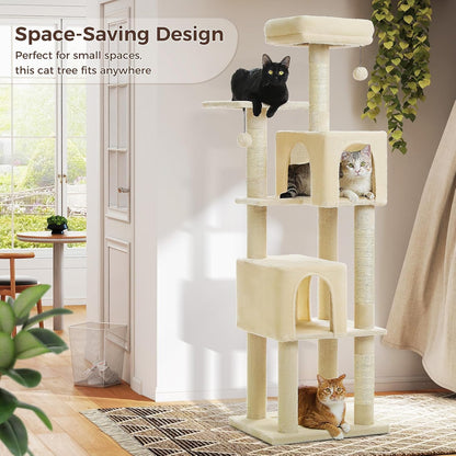 Cat Tree for Indoor Cats, Multi-Level Cat Tower with Sisal Scratching Posts, Padded Platform, Multi-Level Cat Condo w/Soft Bed & Scratching Pad, 2 Pompoms, Sturdy Base, Beige