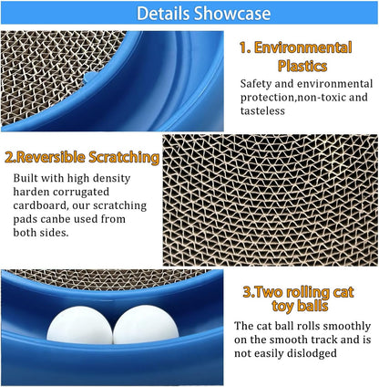 Interactive Cat Ball Track Toy for Indoor Cats, Cat Scratching Board & Exercise Set for Bored Indoor Adult and Kitten Mental & Physical Stimulation, with Spare Ball to Prevent Loss (Blue)