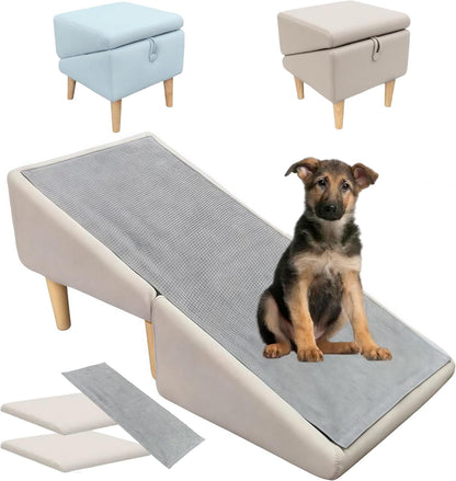 Split Ottoman Dog Ramp, Folding Pet Ramps Stairs for Couch, Pet Ramps Stairs for Small and Large Dogs, Holds up to 220 lbs (Beige - 2 Pads & 2 Covers, One Size)
