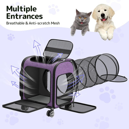 Rolling Cat Carrier with Wheels Dog Carrier for Small Dogs & Medium Cats, Expandable Pet Carrier on Wheels with Cat Play Tunnel, Large Capacity, Breathable Mesh, Side Pocket, Purple