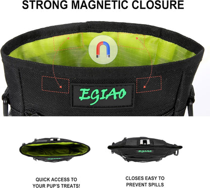 Dog Treat Pouch with Collapsible Dog Bowl, Training Clicker and Poop Bags, Treat Pouches for Pet Training, Built-in Poop Bag Dispenser, Waist Belt Clip, Puppy Treat Pouch Magnetic Closure - Black