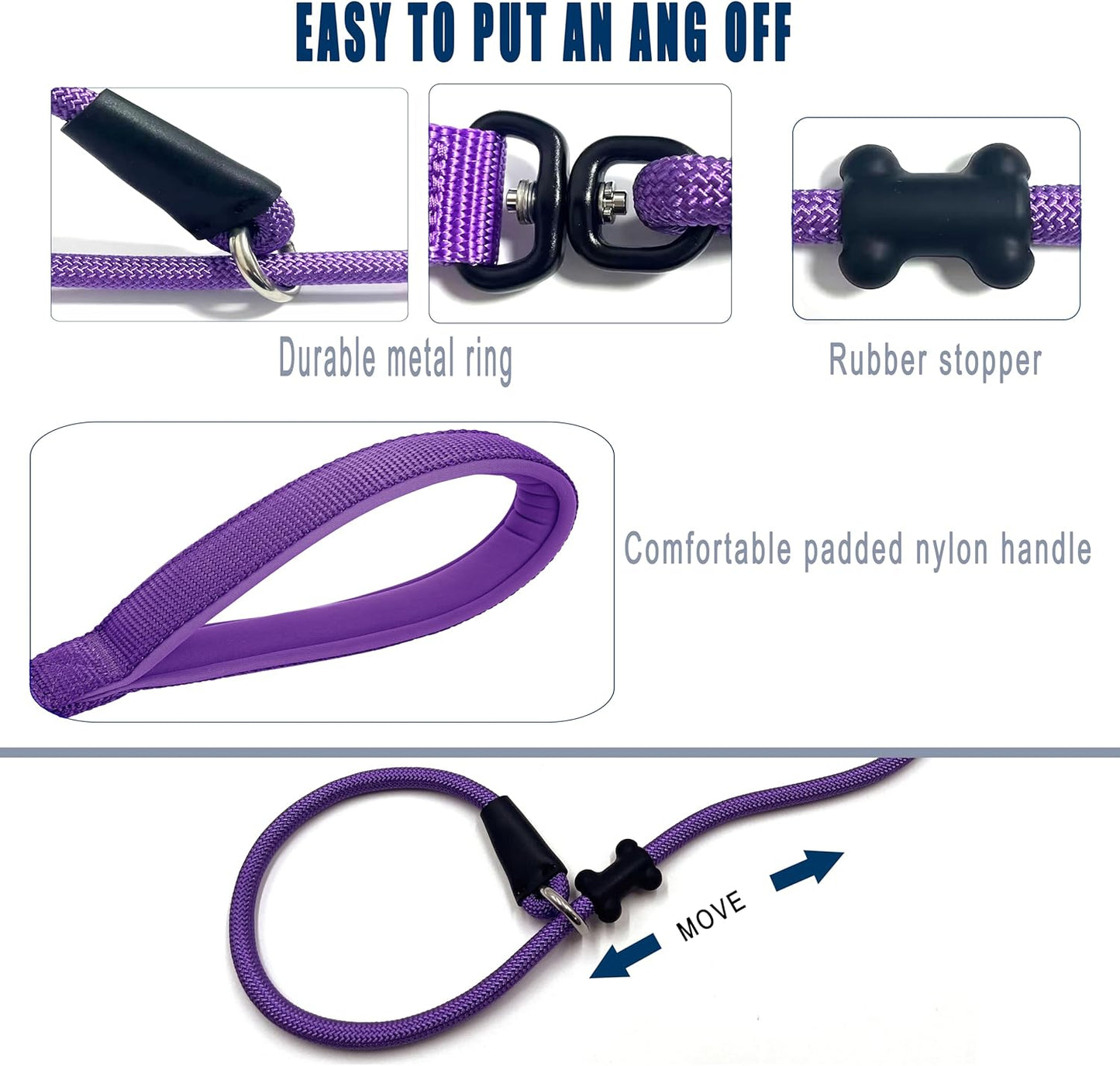 Slip Lead Dog Leash，Strong Nylon Rope Leash and Padded Handle,No Pull Outdoor Walking Training Lead for Small Medium Large Dogs(Purple,1/2"×4ft)