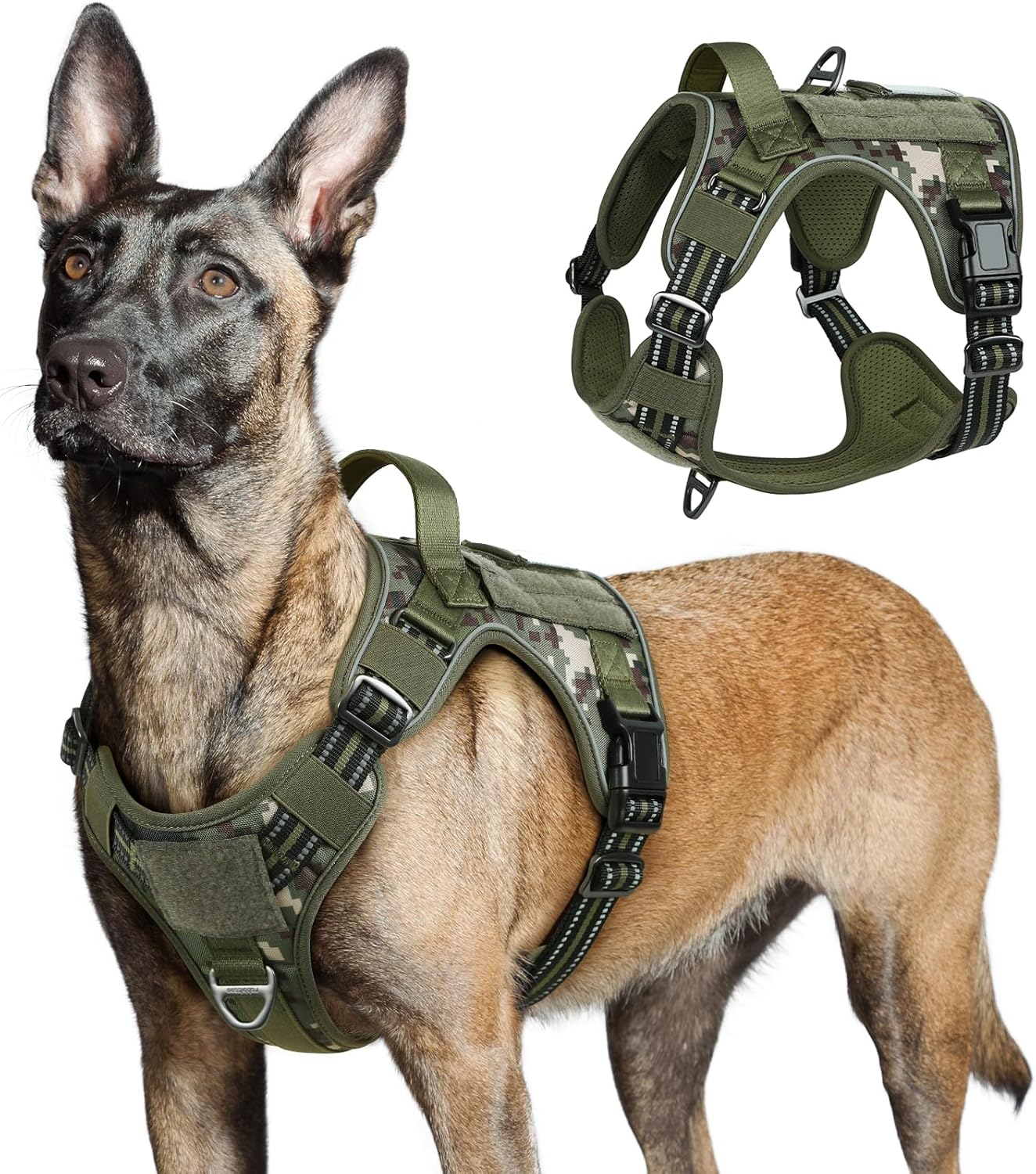 rabbitgoo Tactical Dog Harness for Large Dogs, No Pull Military Service Vest with Handle & Molle, Easy Control for Training Walking, Adjustable Reflective Straps, Green camo, L