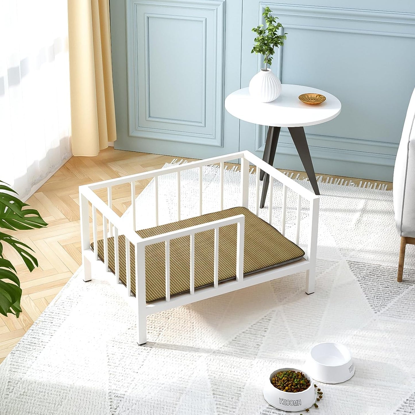 Dog Bed with Rails - Elevated Pet Metal Bed Frame with Solid Wood Board and Washable Soft Mat for Small Dog Indoor or Outdoor Use, 21.3" x 30 ", White