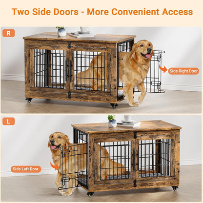 Lulive Dog Crate Furniture, Dog Kennel Indoor Double Doors Wooden Dog Cage, 38'' Heavy Duty Dog Crate with Cushion & Wheels, Decorative End Table Pet House Chew-Resistant for Large/Medium, Brown