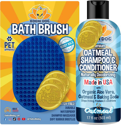 Bodhi Dog Grooming Bundle - Oatmeal Shampoo & Conditioner with Bath Brush - Pet Shower Supplies for Dogs and Cats - Gentle Care for Long, Short & Curly Hair, Safe and Effective, Made in USA