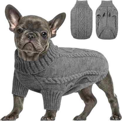 Queenmore Small Dog Pullover Sweater, Cold Weather Cable Knitwear, Classic Turtleneck Thick Warm Clothes for Chihuahua, Bulldog, Dachshund, Pug (Slate Grey, X-Small)