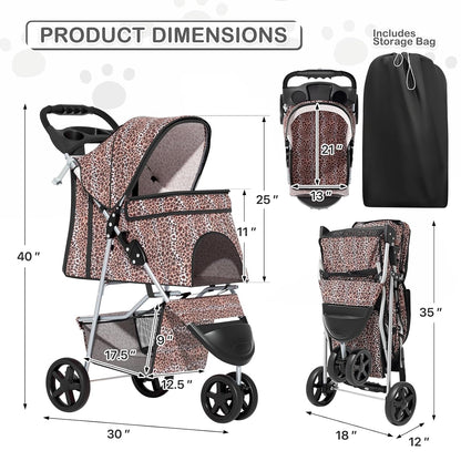 MoNiBloom 3 Wheels Pet Dog Cat Stroller for Small Medium Dogs Cats, Lightweight Foldable Jogger Stroller w/Storage Basket & Cup Holder, Leopard Print