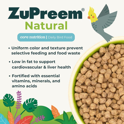 ZuPreem Natural Bird Pellets, Daily Bird Food for Cockatiel, Lovebird, Quaker, Small Conure, Lorikeet, Core Nutrition for Medium Birds, Added Vitamins, Cockatiel Pellets (M, 2.5 lbs)
